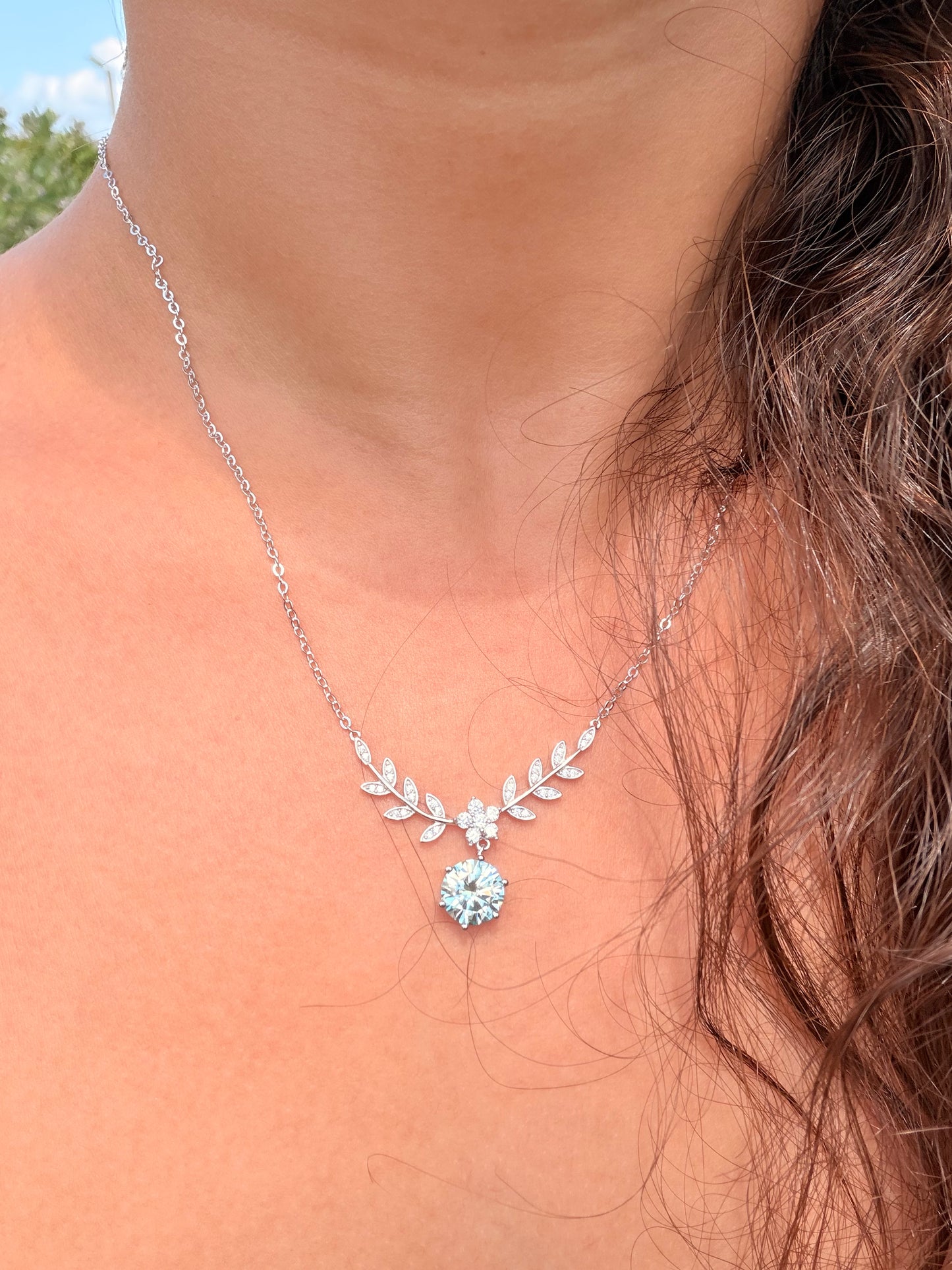Leaf Necklace · Aqua Moissanite