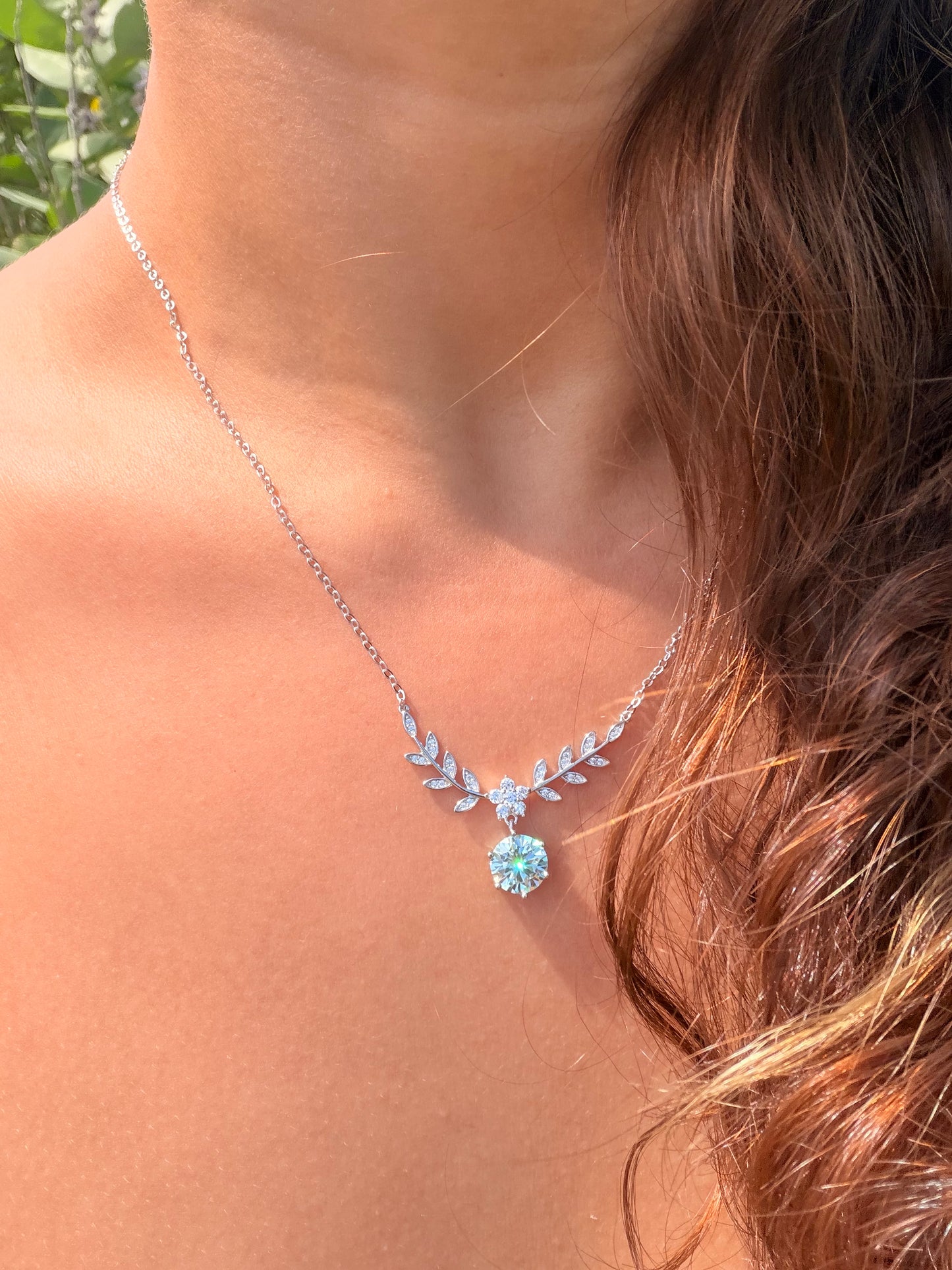 Leaf Necklace · Aqua Moissanite